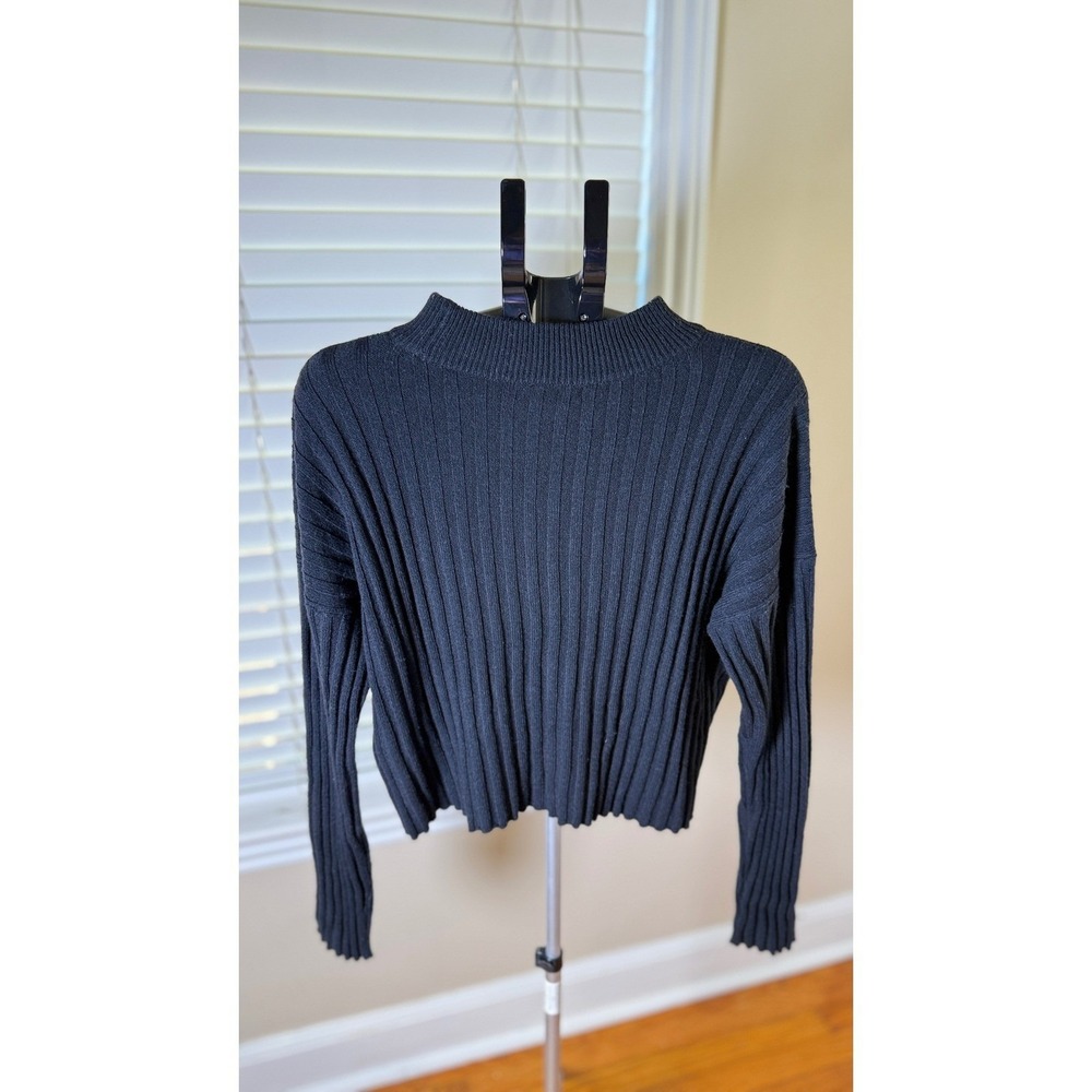Madewell Women XL Black Ribbed Mock Neck Wool Blend Cropped Boxy Sweater - Picture 2 of 6